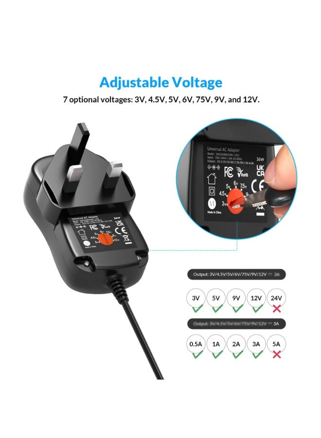 OSHIMA 30W 12V Universal AC/DC Adapter, Universal Adapters with 8 Selectable Adapter Plugs, Power Supply 3V 4.5V 5V 6V 7.5V 9V 12V Charger for CCTV Camera Speakers Routers LED Strips Tablet for Switching - Image 4